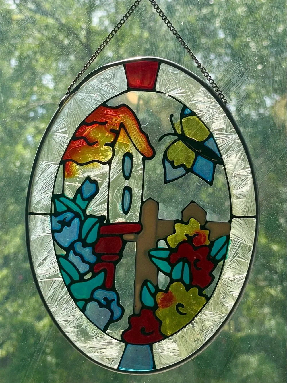 Faux Stained Glass Birdhouse & Butterfly Oval Suncatcher